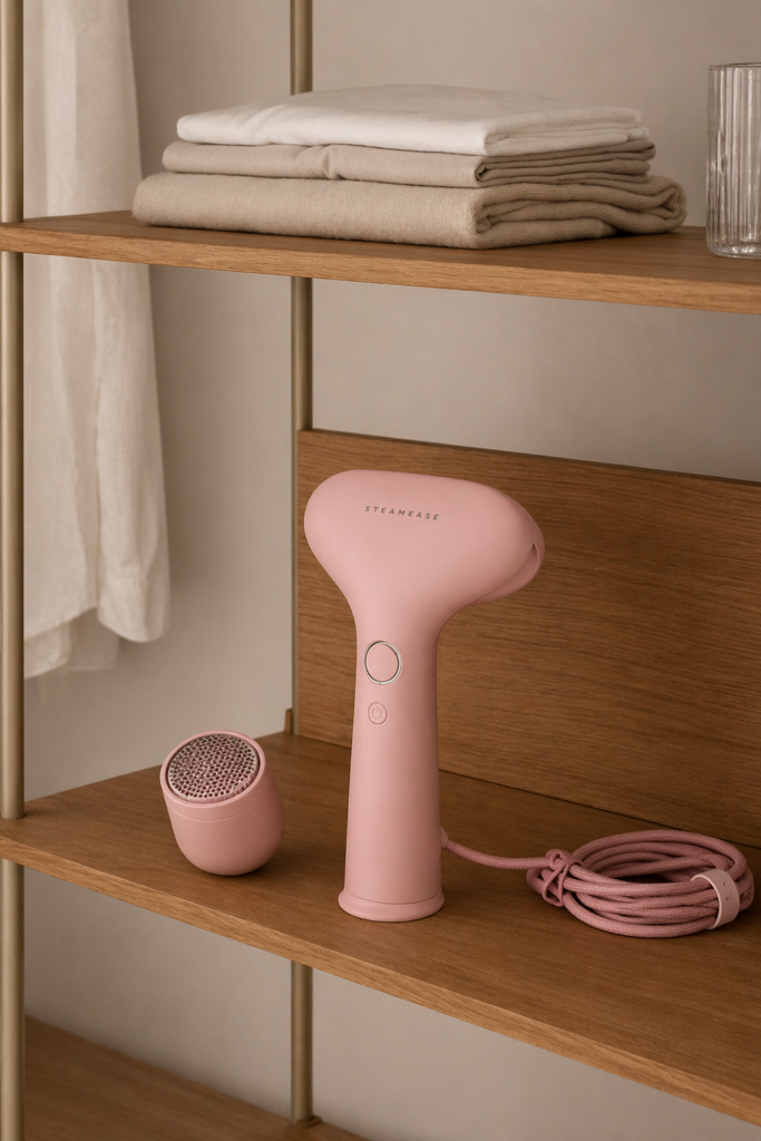 Portable garment steamer being used to get wrinkles out of clothes without an iron